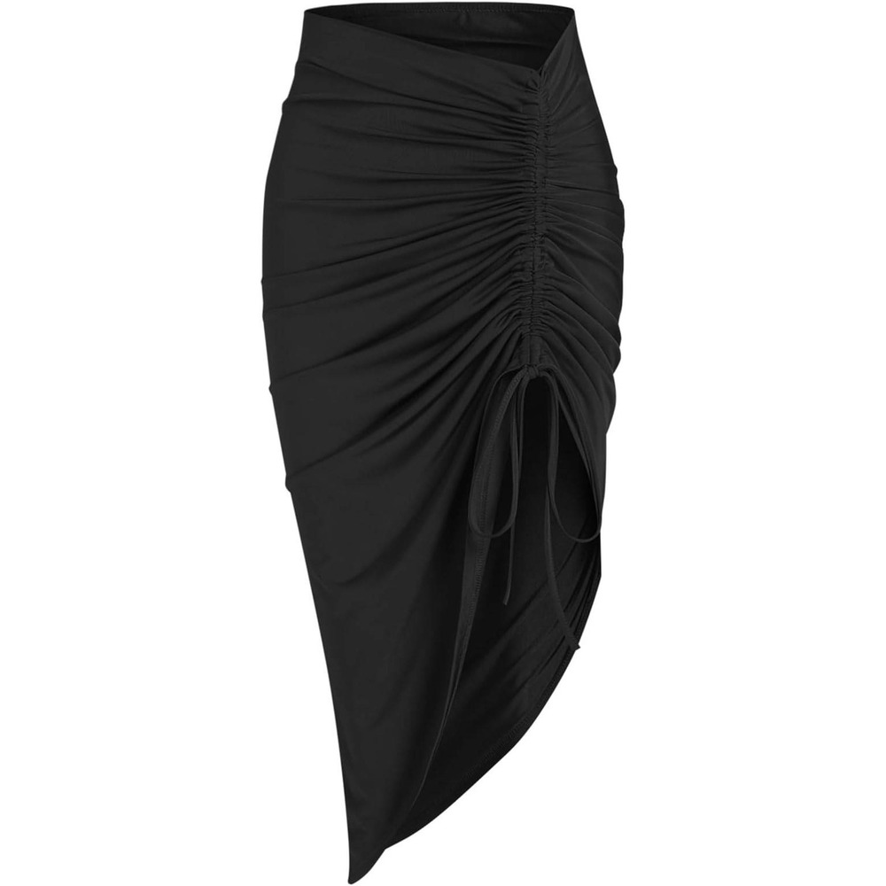 ZAFUL Ruched Asymmetrical Skirt Women Medium Black Boho High Waist Midi